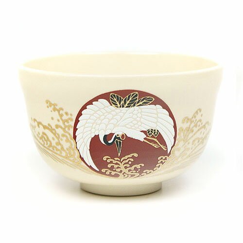 手作りの茶碗 鶴と旭日模様の抹茶カップ 茶碗
