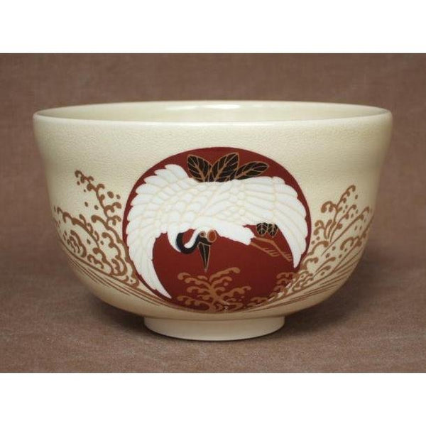 手作りの茶碗 鶴と旭日模様の抹茶カップ 茶碗