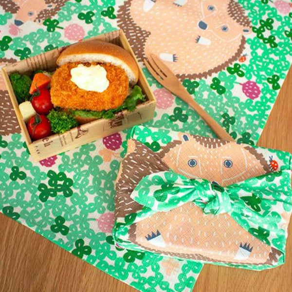 ハリネズミ柄風呂敷 グリーンコットン ラッピングクロス ブックカバー 50cm