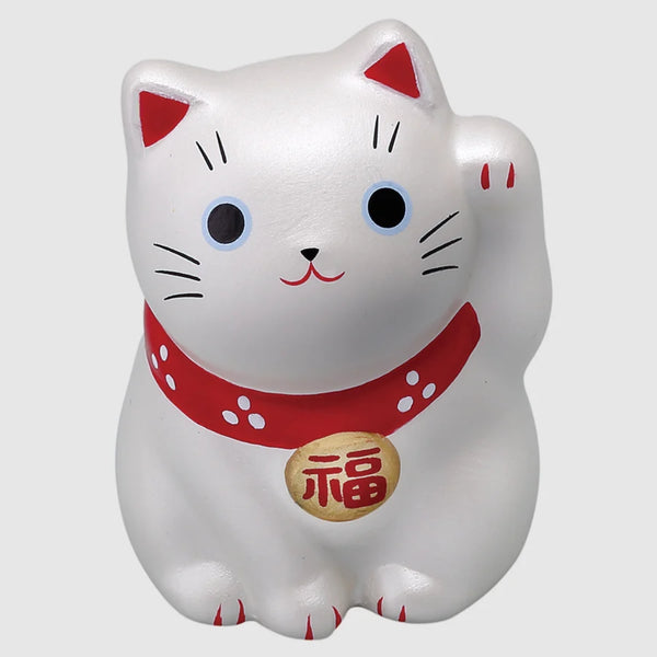 手作りの日本の招き猫 幸運の猫 小型セラミック置物 シルバー 5.5cm