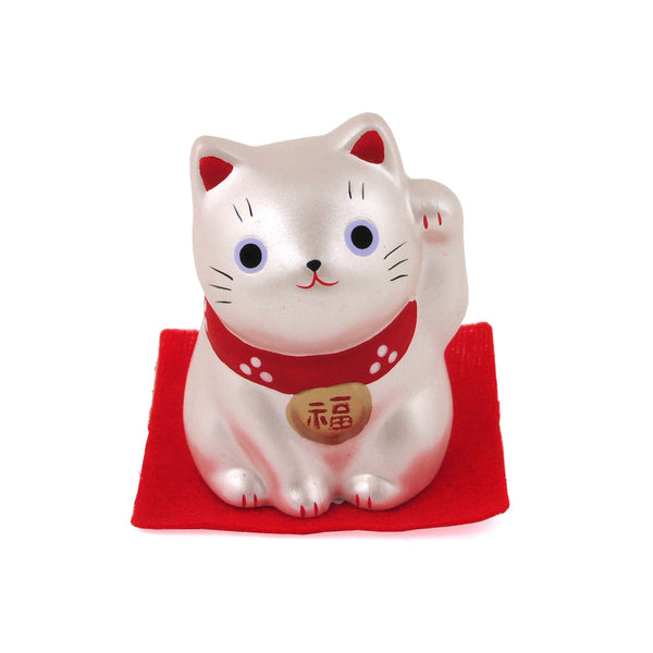 手作りの日本の招き猫 幸運の猫 小型セラミック置物 シルバー 5.5cm