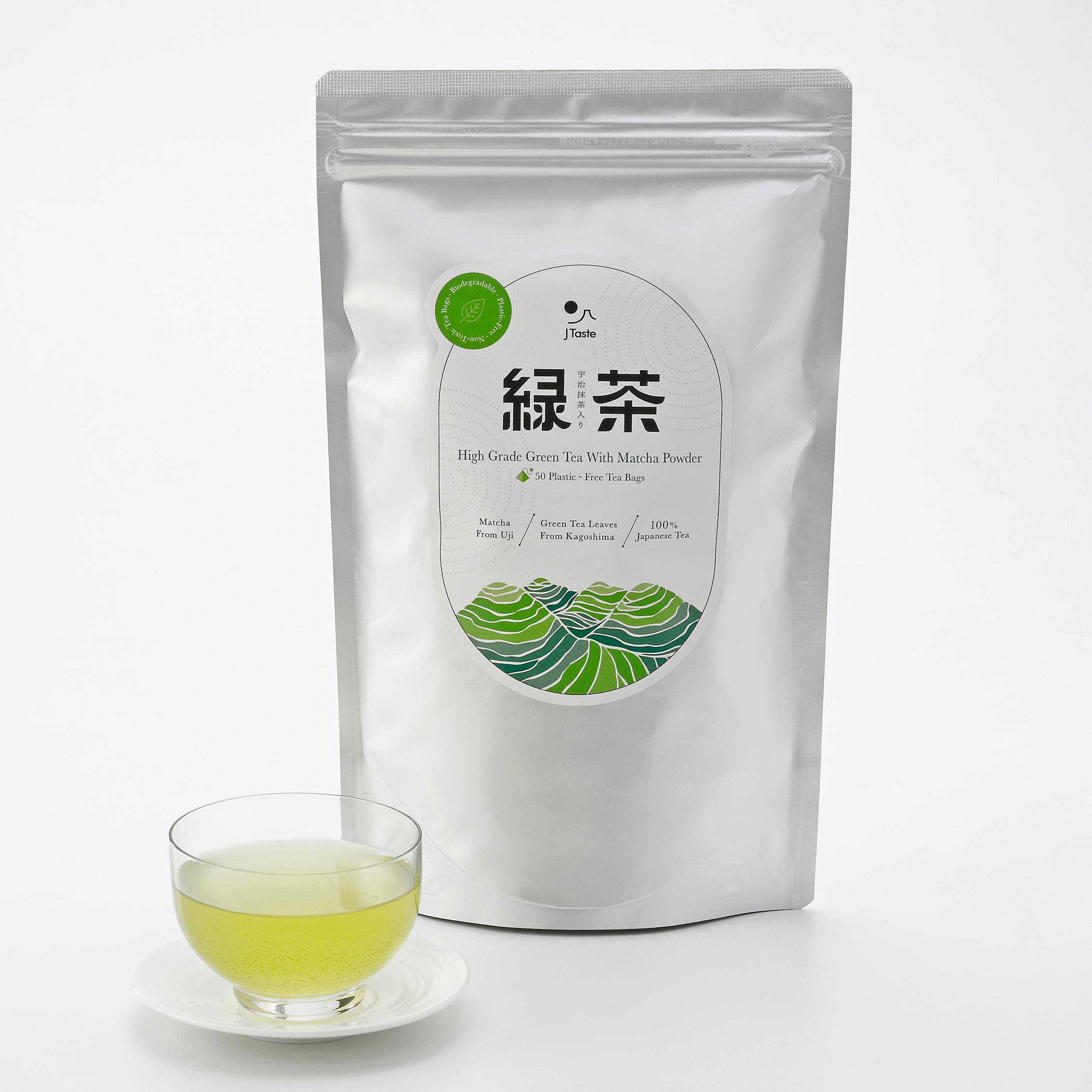 J Taste 高級緑茶と抹茶入り生分解性ティーバッグ 50 個入り。