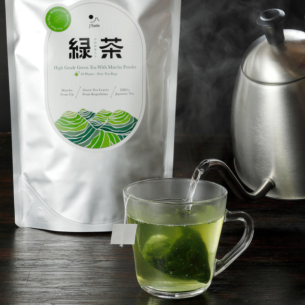 J Taste 高級緑茶と抹茶入り生分解性ティーバッグ 50 個入り。