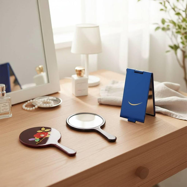 藍漆塗り三日月模様スタンドミラー