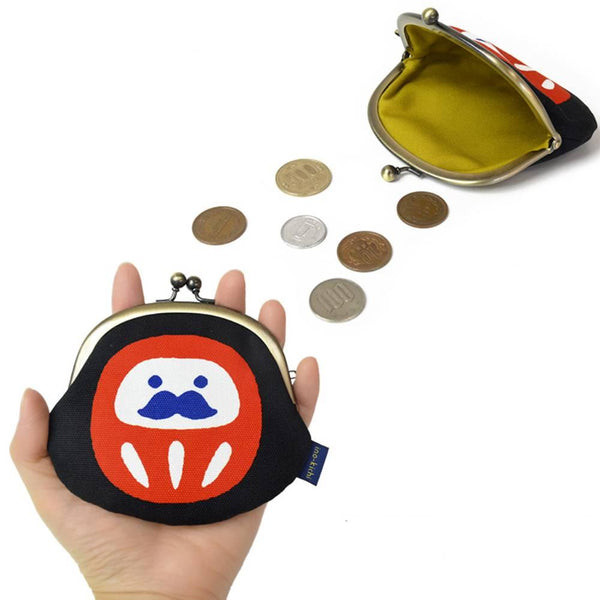 白河 かわいい黒綿 小さな財布 だるまデザイン