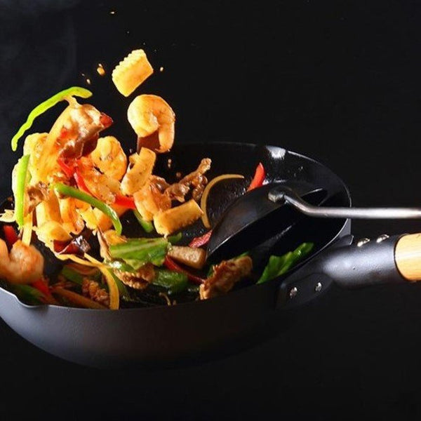 匠マグマプレート ノンスティック鉄製IH中華鍋 木製ハンドル付き 28cm