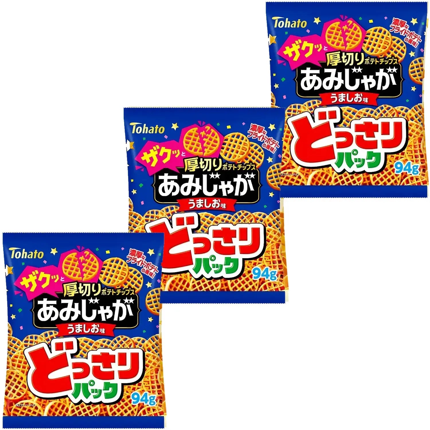 東ハト あみじゃが ワッフル型ポテトチップス 塩ビーフ味 94g (3個パック)