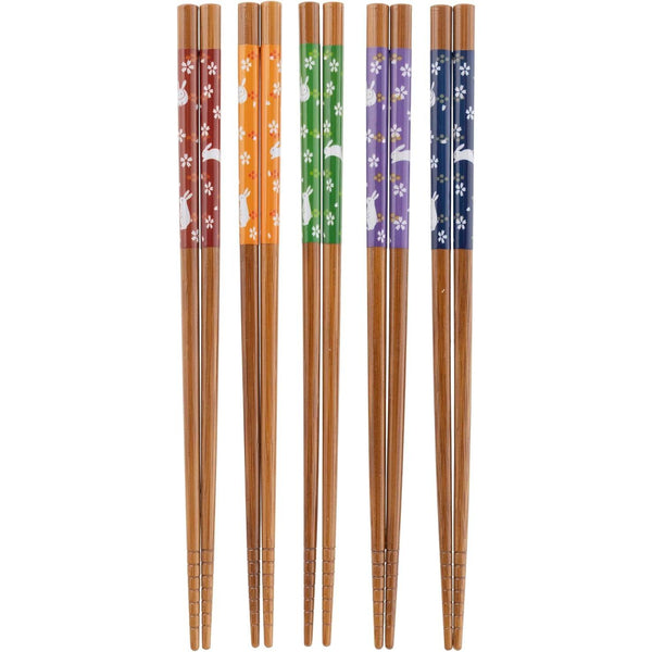 木製箸 マルチカラー ウサギ柄 22.5cm (5膳セット)