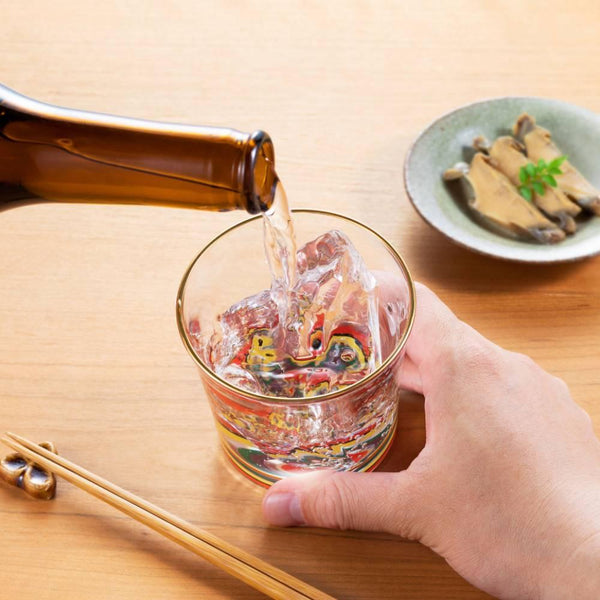 アデリア スタイリッシュショートグラス モダンレッド＆イエロー柄 280ml