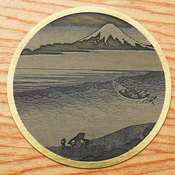 真鍮木製コースター 浮世絵 多摩川と富士山デザイン