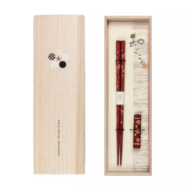 Elegant Chopsticks With Rest Gold Sakura & Red in Wood Gift Box