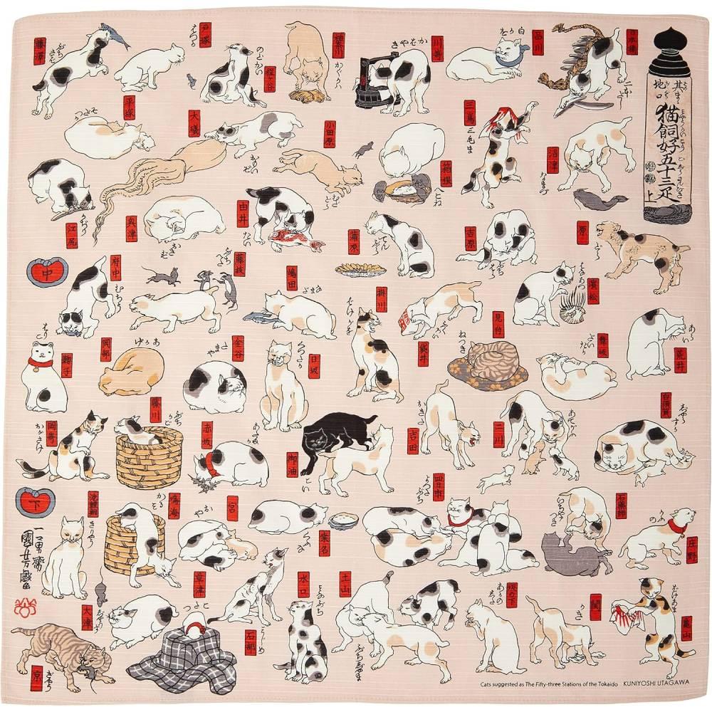 風呂敷 浮世絵 猫の行列 ピンク 万能風呂敷 48cm