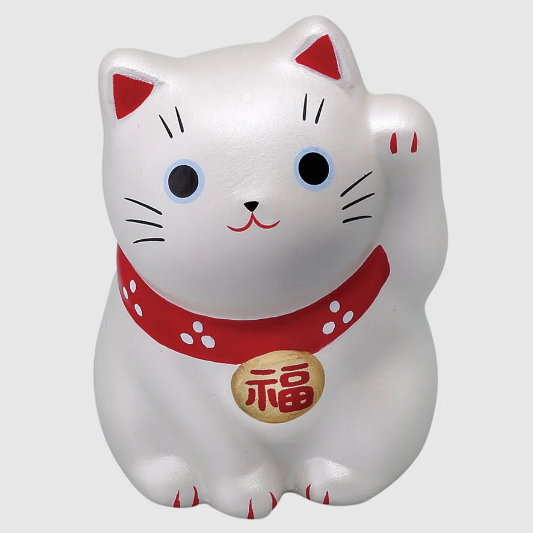 手作りの日本の招き猫 幸運の猫 小型セラミック置物 シルバー 5.5cm