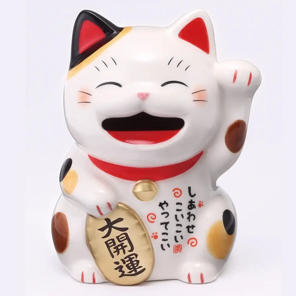 手作りの日本の招き猫「ハッピー・ラッキーキャット」 陶器製貯金箱 11cm
