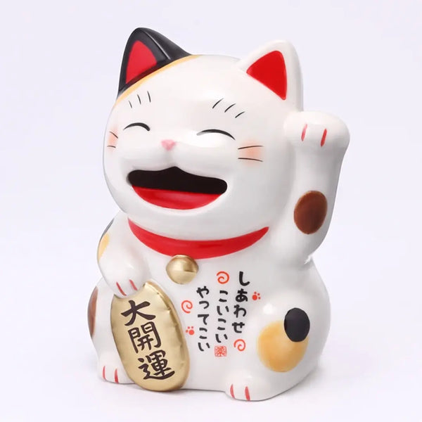手作りの日本の招き猫「ハッピー・ラッキーキャット」 陶器製貯金箱 11cm