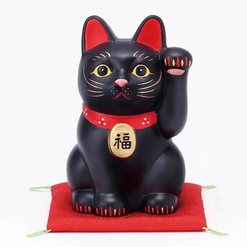 手作りの日本の招き猫 陶器製置物 黒 12.5cm