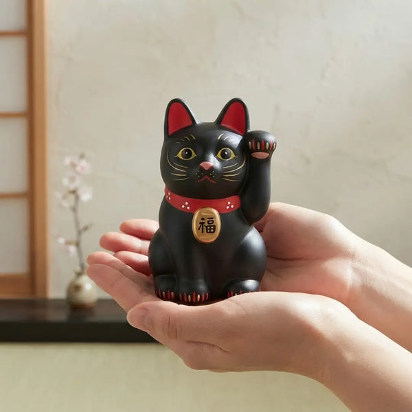 手作りの日本の招き猫 陶器製置物 黒 12.5cm