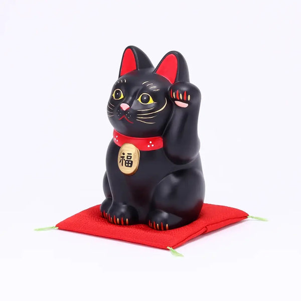 手作りの日本の招き猫 陶器製置物 黒 12.5cm