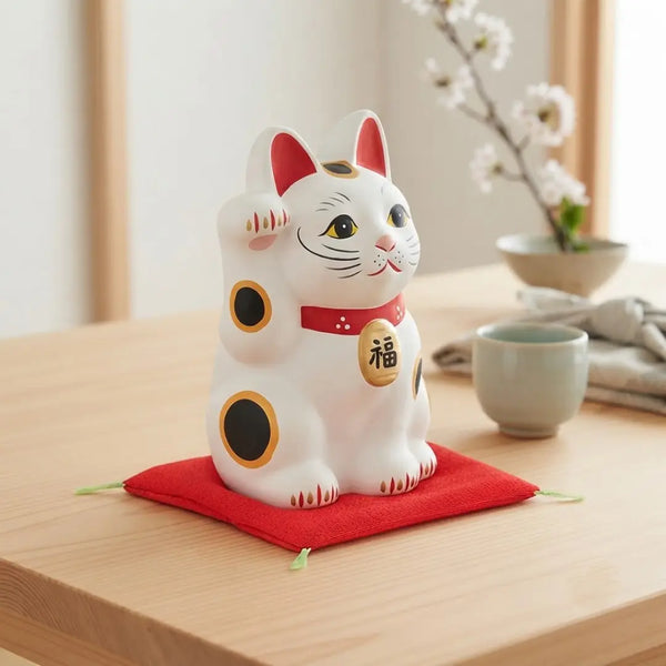 手作りの日本の招き猫 陶器製置物 ホワイト 12.5cm