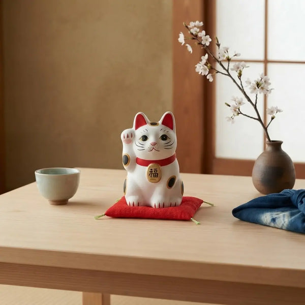 手作りの日本の招き猫 陶器製置物 ホワイト 8cm