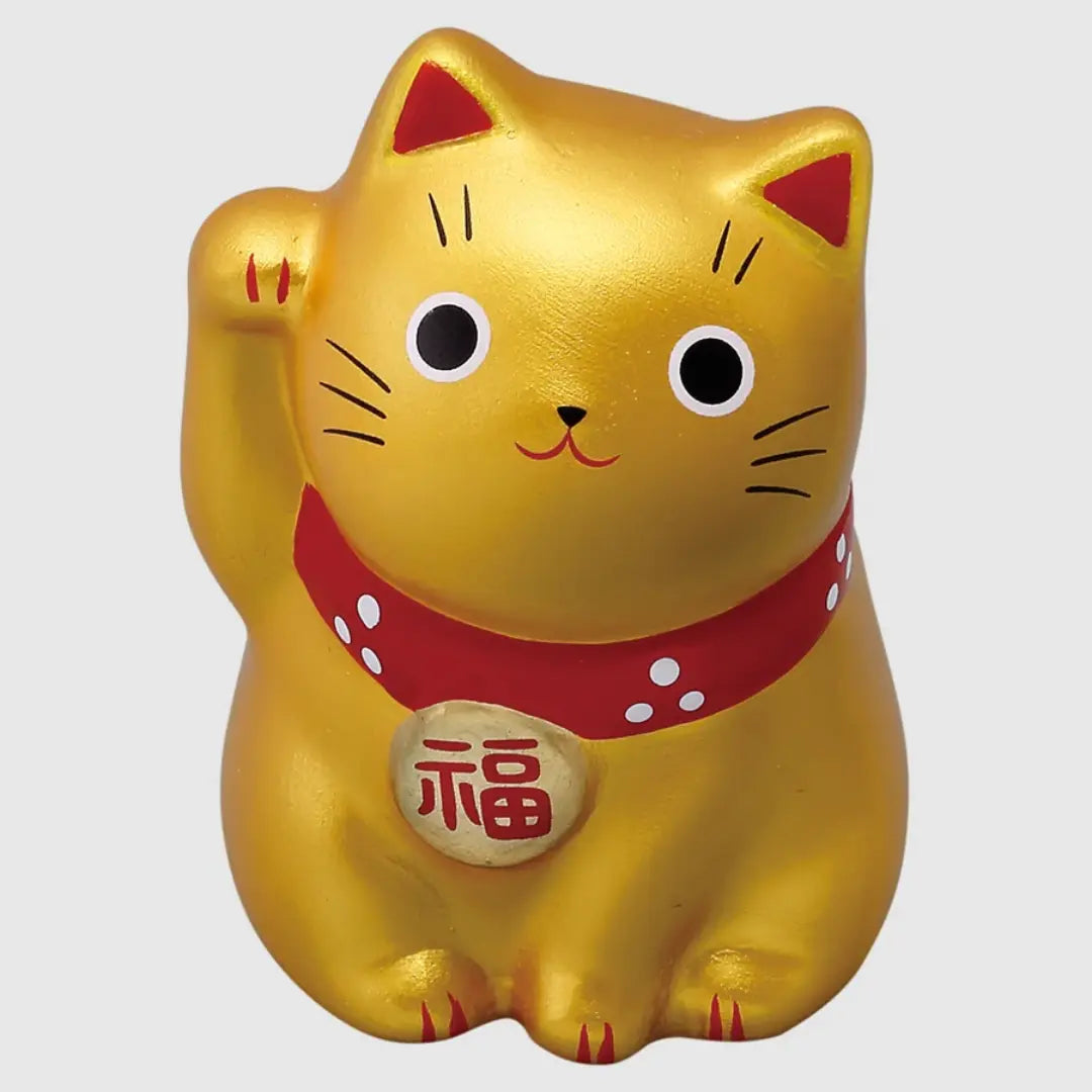 手作りの日本の招き猫 幸運の猫 小型セラミック置物 ゴールド 5.5cm