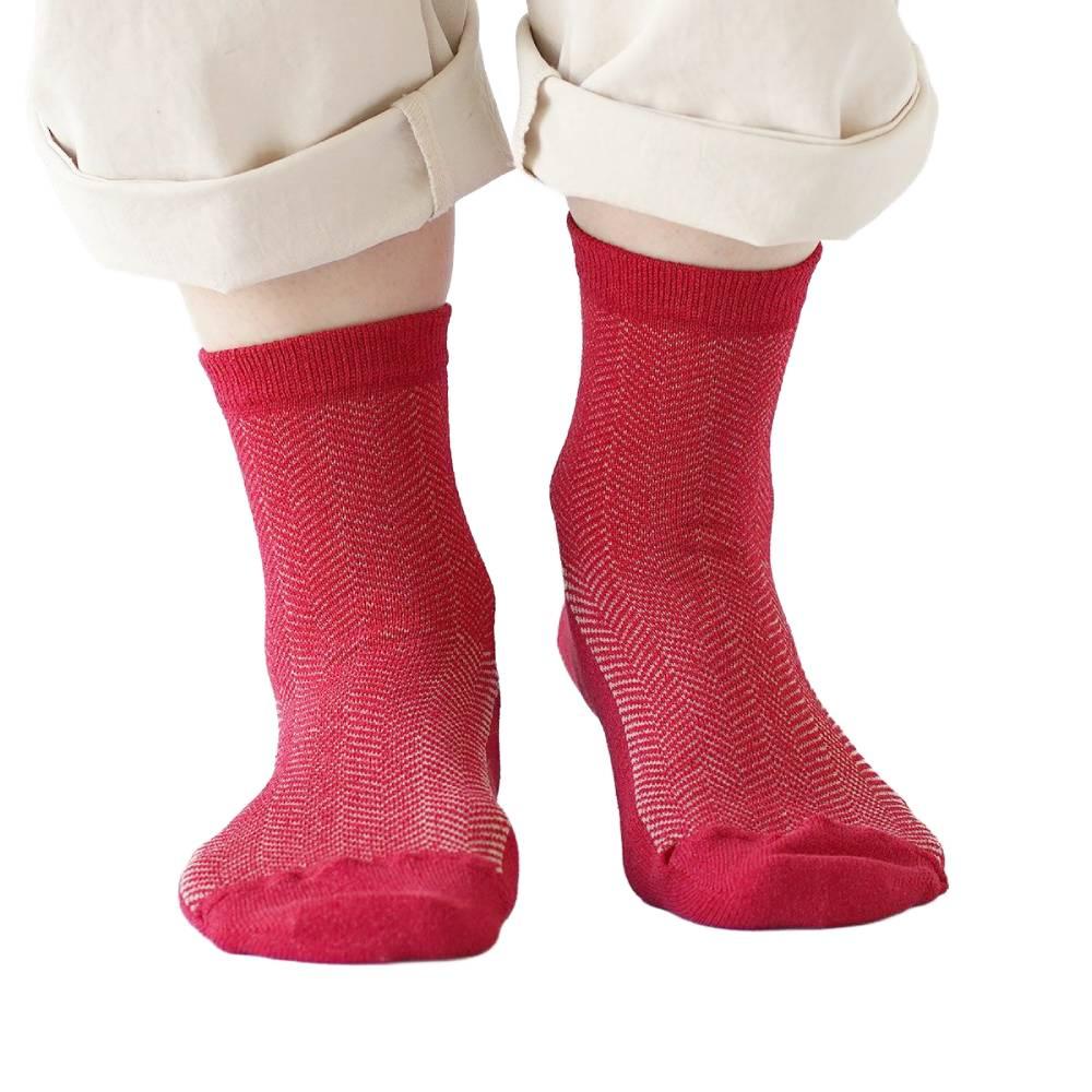 ヘリンボーン柄ソックス 赤 吸水性和紙生地 24.5cm