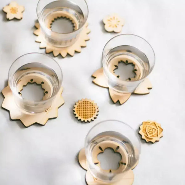 ひのきコースター 天然木ひまわり柄 90mm