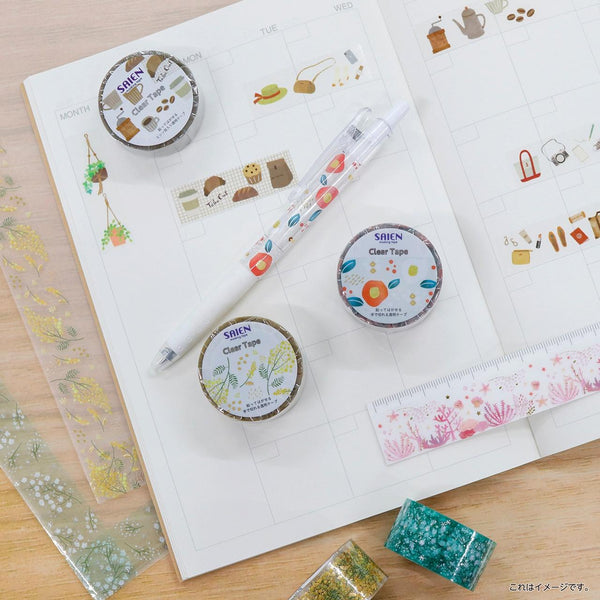 紙磯彩苑 和紙テープ イエロー 花柄 ゴールド 透明テープ付き 20mm