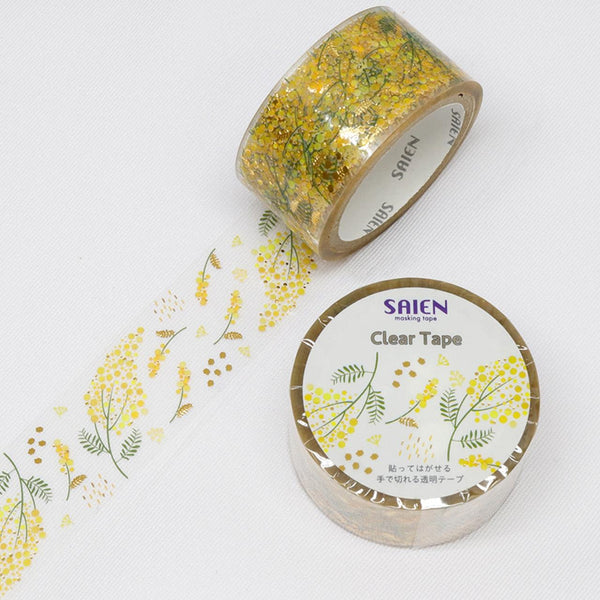 紙磯彩苑 和紙テープ イエロー 花柄 ゴールド 透明テープ付き 20mm