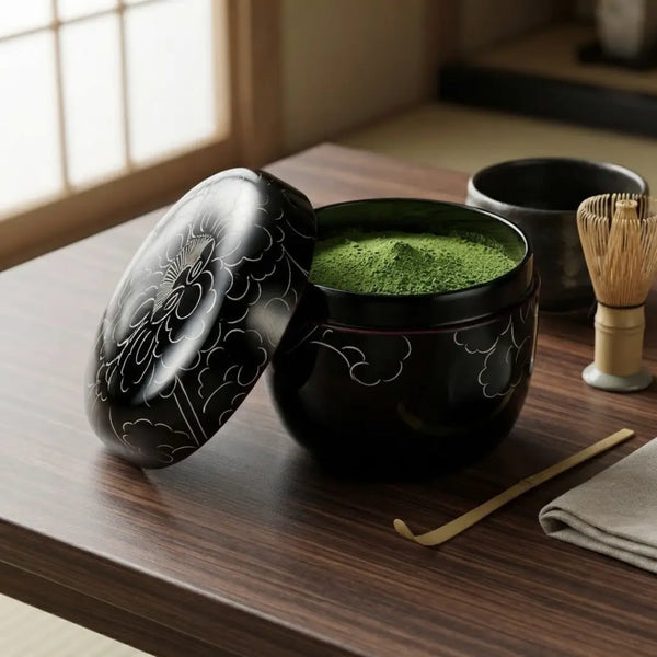 夏目 漆塗り茶筒 プラチナ 牡丹柄 ブラック