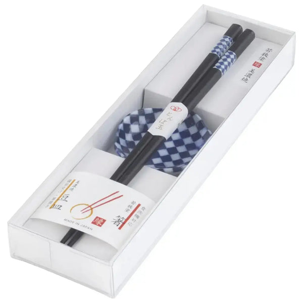 若狭塗箸 美濃焼小皿付 市松模様 青 23cm